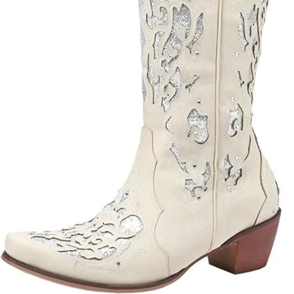 Women White Pointed Toe Pull On Rhinestones Chunky Heel Knee High Western Boots